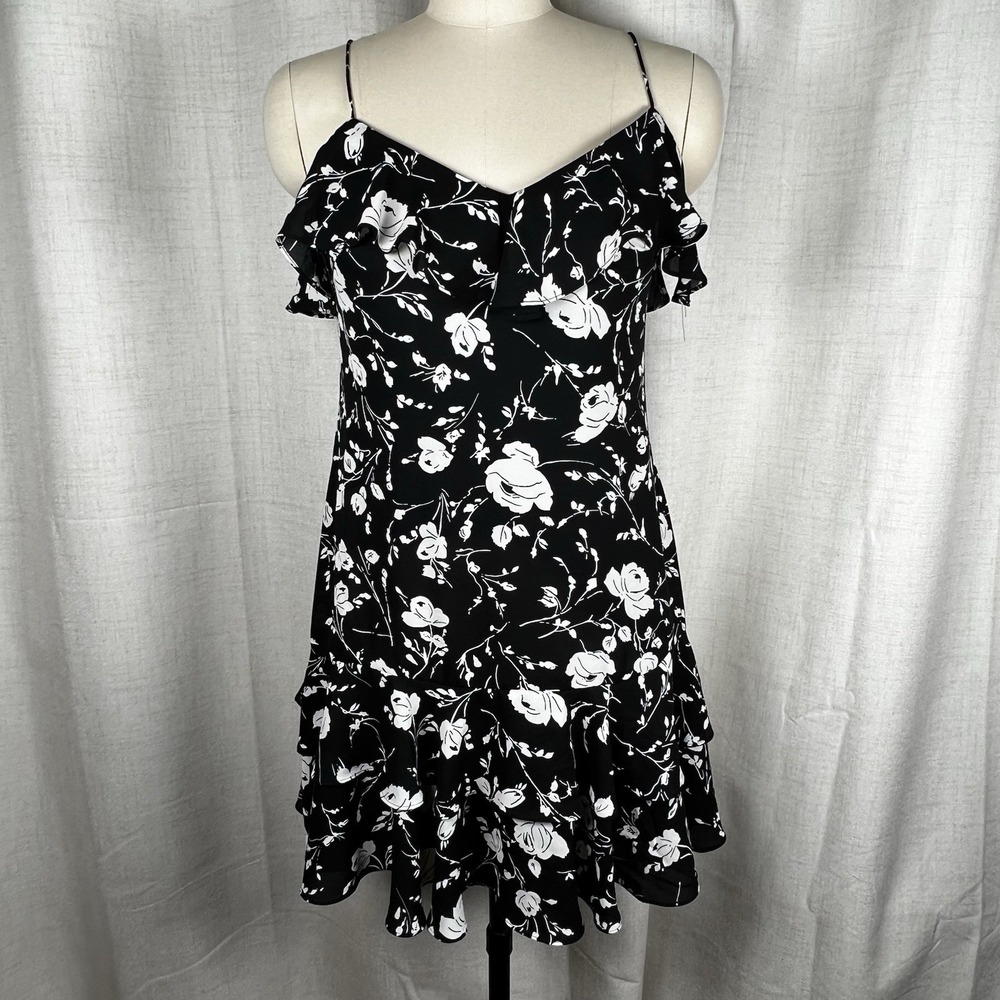 Lauren Ralph Lauren Women's 2 Black‎ Floral Georgette Tiered Mini Dress Romantic